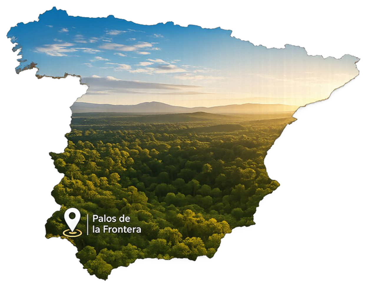 Mapa de España con la ubicación de nuestra planta en Palos de la Frontera, Huelva