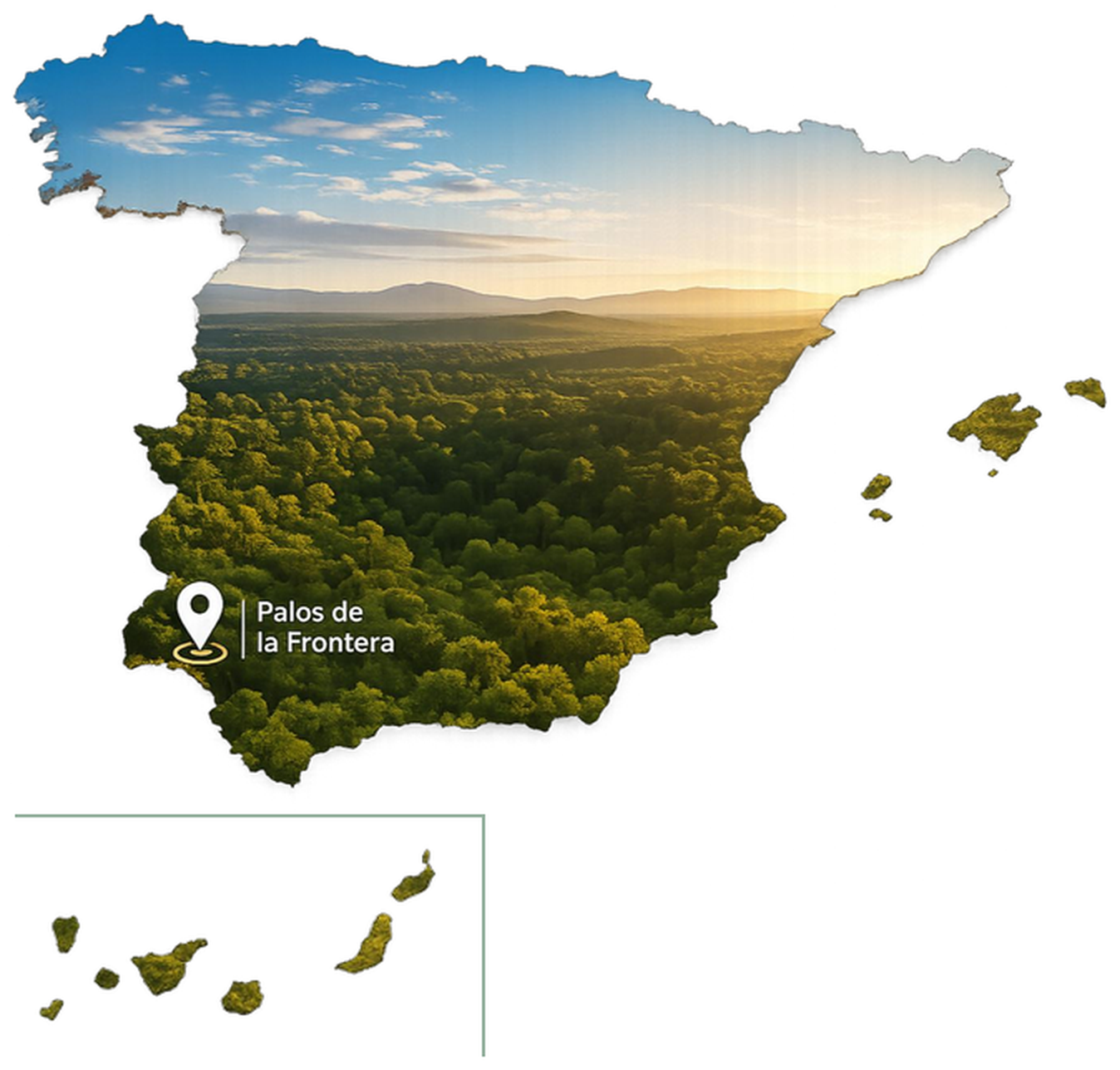 Mapa de España con la ubicación de nuestra sede en Palos de la Frontera, Huelva