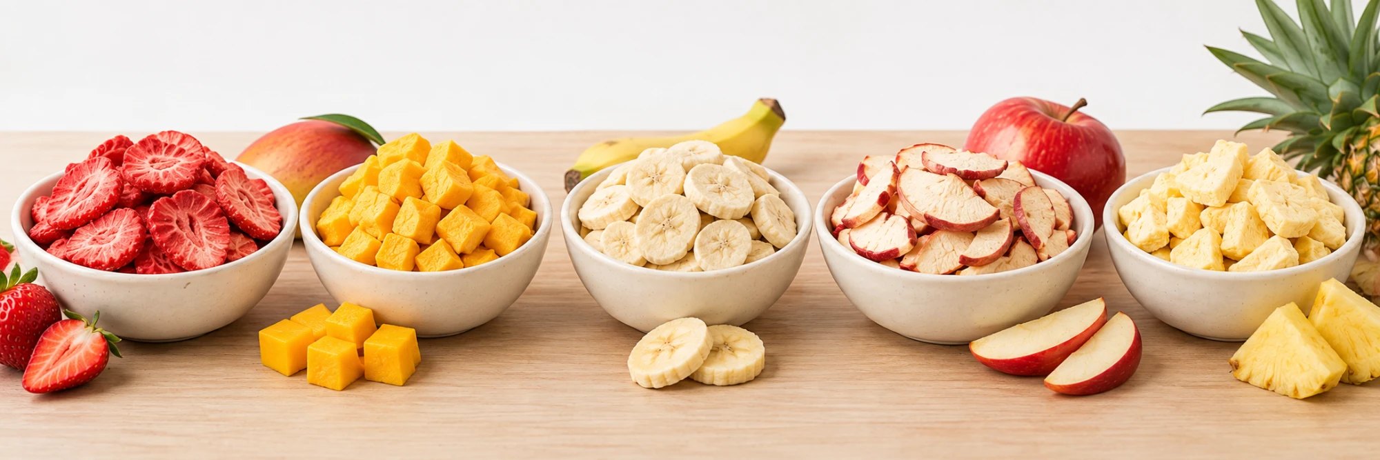 Fresa, mango, plátano, manzana y piña liofilizados en cuencos
