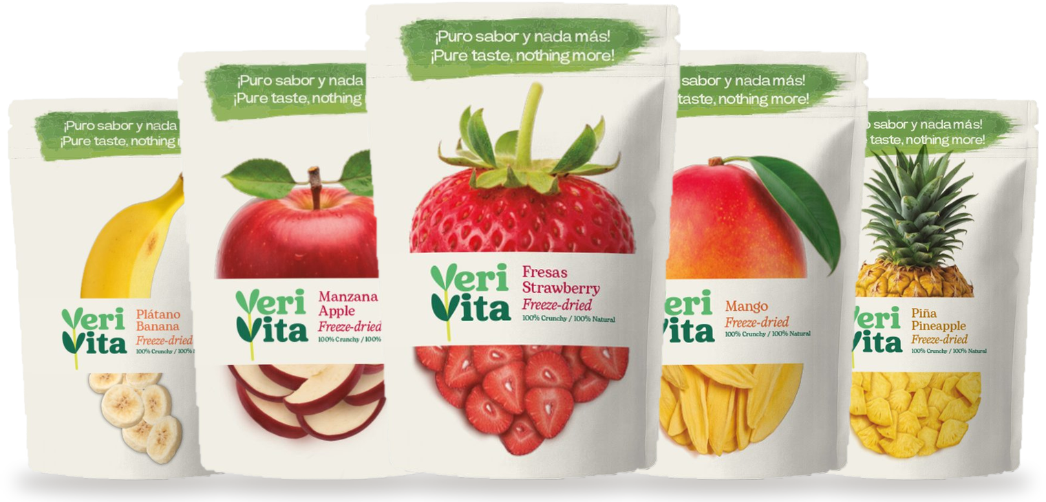 Gama VeriVita: plátano, manzana, fresa, mango y piña liofilizados