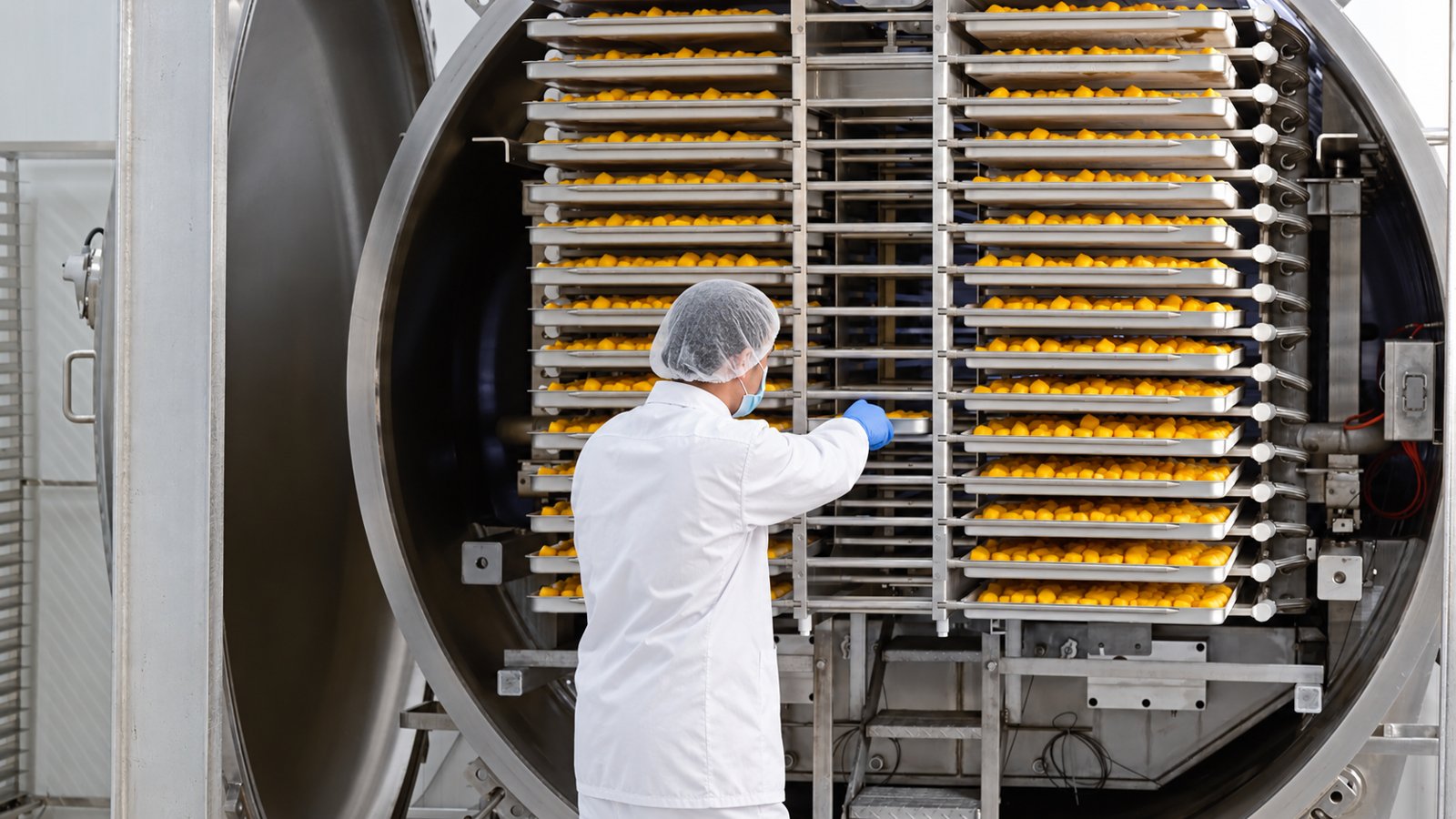 Operario cargando bandejas de mango en un liofilizador industrial